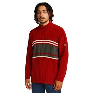 Vintage Southpole‎ Chenille Sweater XL Red Gray Stripe Mock Neck Y2K Korea